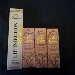 Too Faced Lip Injection and mini La Crème lipstick trio in Naked Dolly